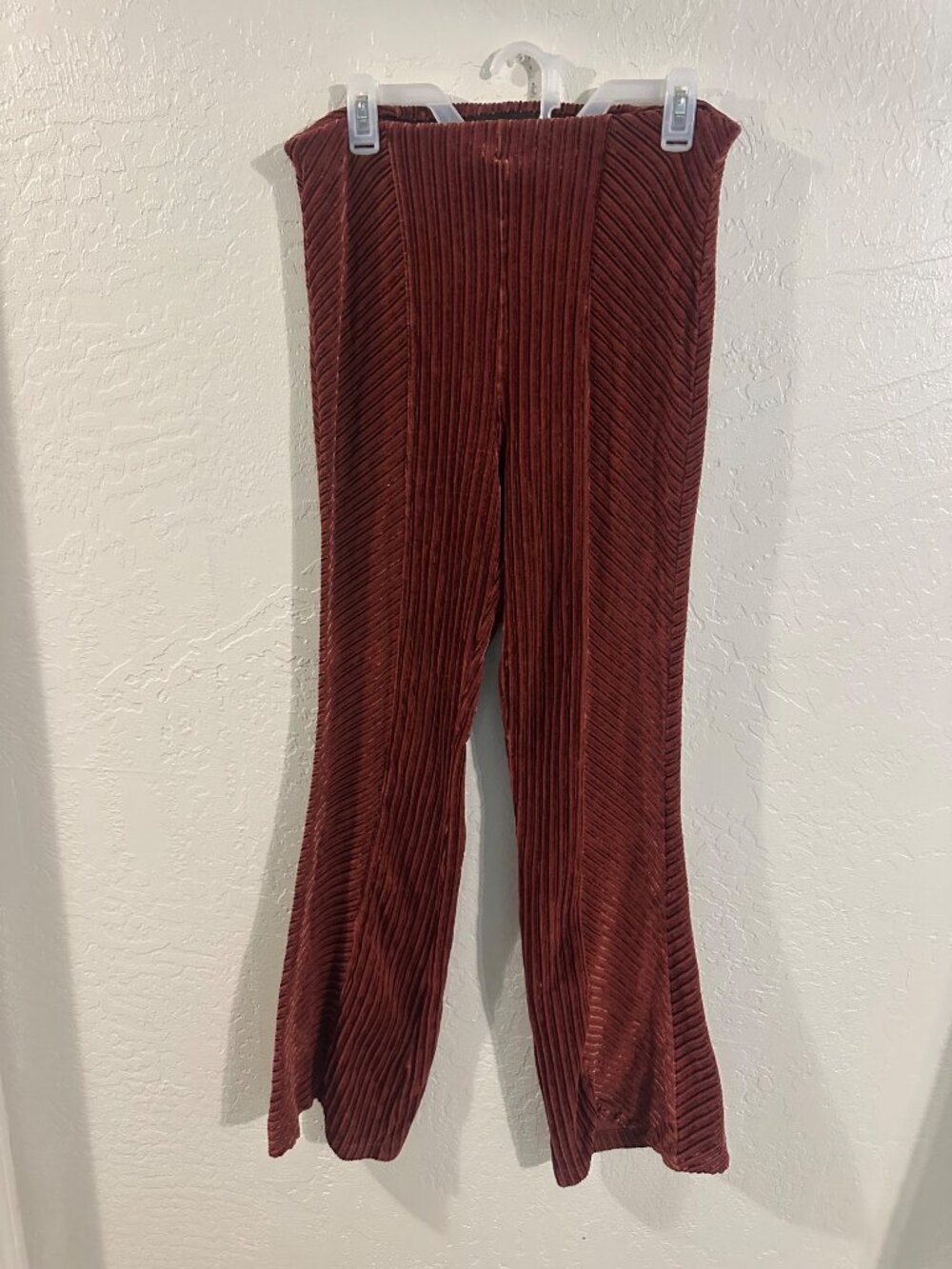 Free People Velvet High Rise Maroon Red Ribbed Bellbottom Pull on Pants - Picture 2 of 10